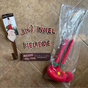 NWT- Christmas Bundle - 3 Ornaments, Wreath Hook & Pair of Elf Feet Stakes